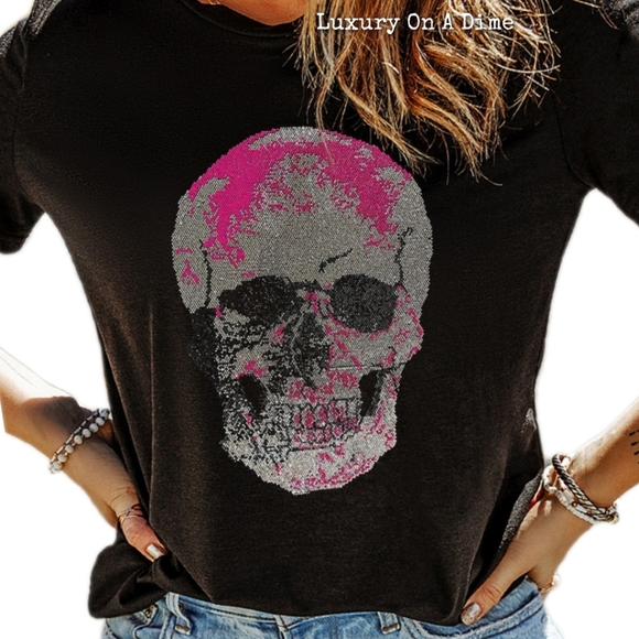 Tops - Rhinestone Encrusted Skeleton Shirt Bling Sparkling Short Sleeve Halloween Top